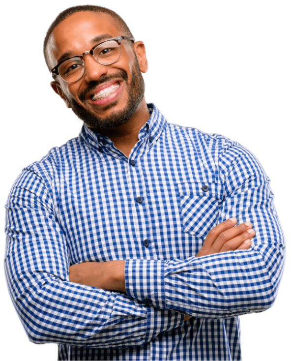 African American Adult Smiling wearing glasses and button-up shirt